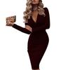 Módní dáma jednobarevné šaty s dlouhým rukávem, křížem do V, výstřihem Bodycon Banquet Midi