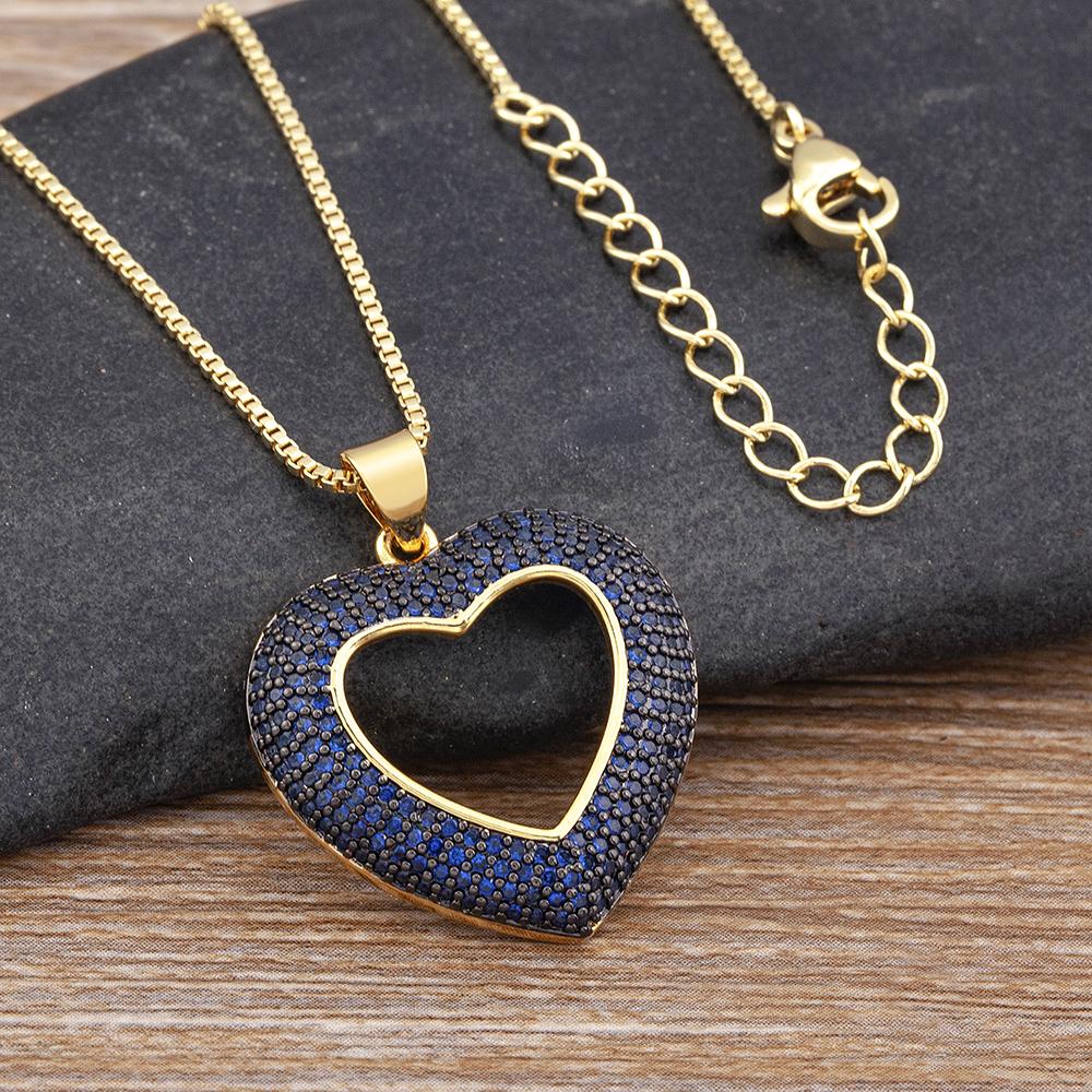 Nidin Top Quality 4 Colors Heart-Shaped Hollow Crystal Zircon Pendant Link Chain Necklace Women's Charm Jewelry Anniversary Gift