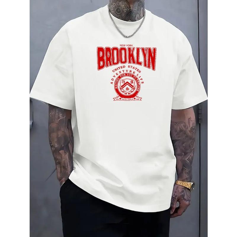 European sizes Men's Brooklyn Print Short Sleeve T-Shirt - Breathable Summer Casual Round Neck Tee Suitable for Hot Weather