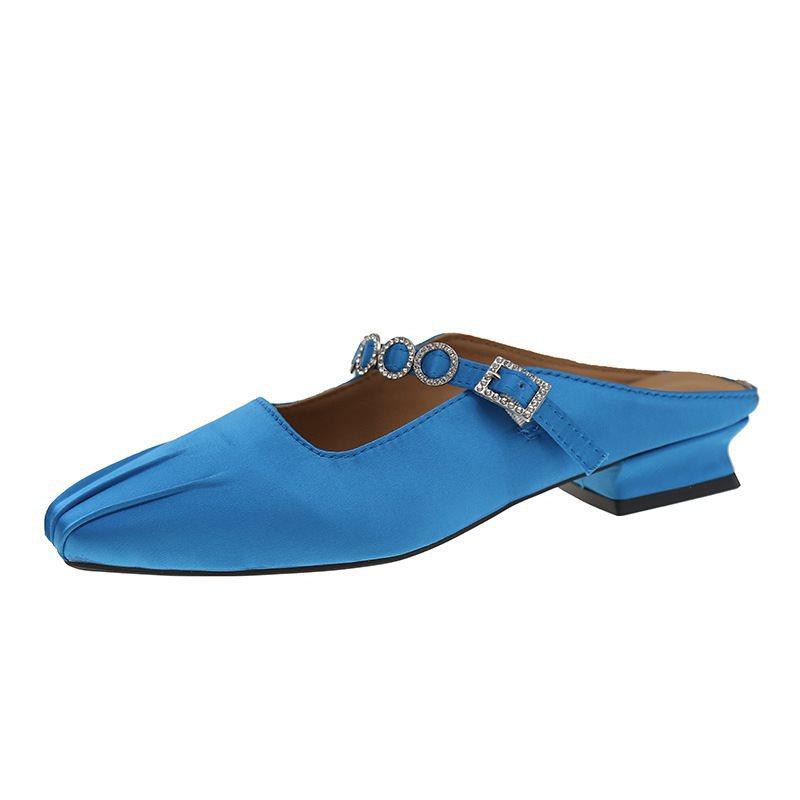 Mary Jane Half-Word Slippers Trendy Square Head Summer With Flat-Bottomed Bag Head Slippers Women Wear Annual Rhinestone Retro