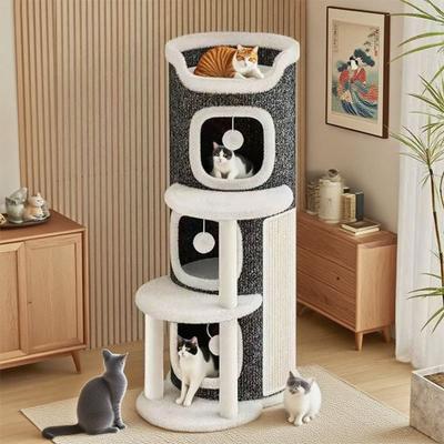 Cat Climbing Tower Cat Scratching Barrel with 3 Cat Caves Sisal Scratching Pad Multi-tier Cat Play Tower for Multi-cat Family