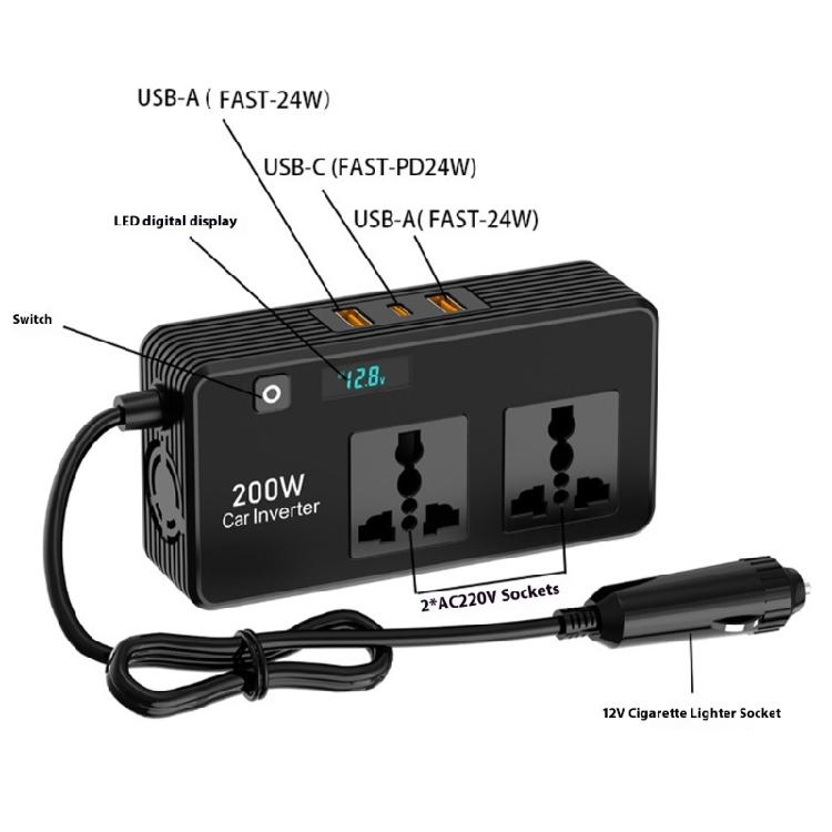 USB C Enabled 200W Automotive Inverter With Voltage Display And Compact Plug Design For Road Trips Easy Installation