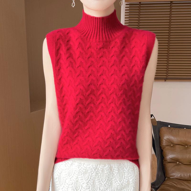 Women's 100% Wool High Neck Cable Knit Sleeveless Vest - Warm Autumn/Winter Shawl