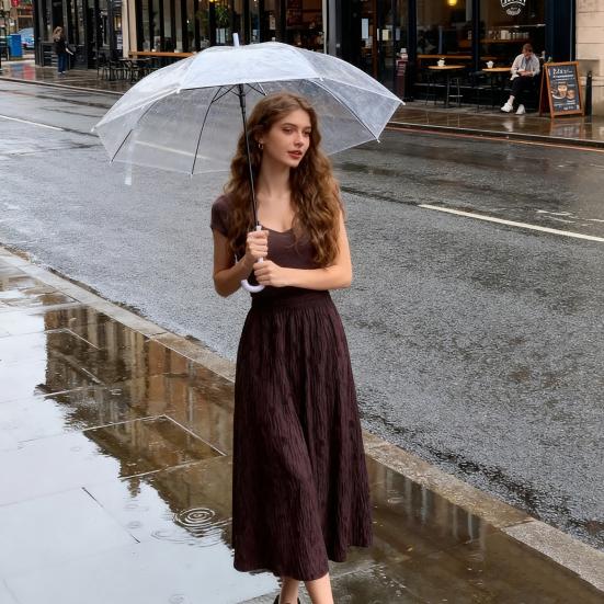 Dámská pletená sukně s vysokým pasem, áčkového střihu, s velkým lemem, midi délky, jednobarevná, podzimní zimní plisovaná sukně pro každodenní nošení