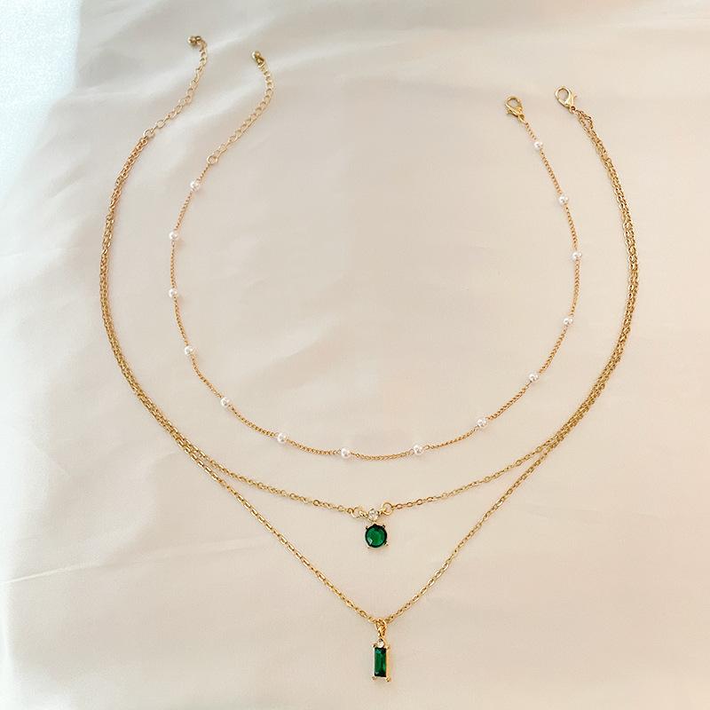 Simple Stacked Retro Imitation Emerald Green Pearl Multi-layer Necklace For Women Fashionable Jewelry Accessories Birthday Gifts