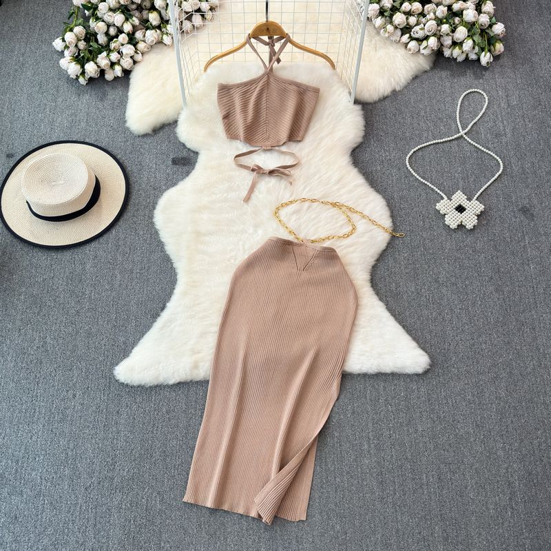 Seaside Vacation Hanging Neck Dress Women Spring Backless Mature Royal Sister Temperament Beautiful Chic Beautiful Set Skirts