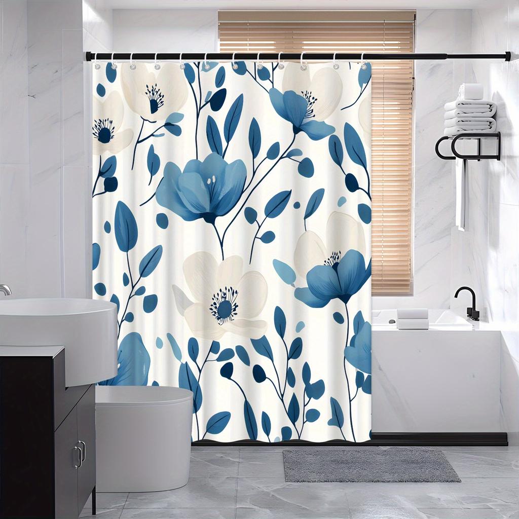Blue and White Peonies Shower Curtain - Digital Drawing, Seamless Flowers On Cream, Modern Minimalist Bath Décor