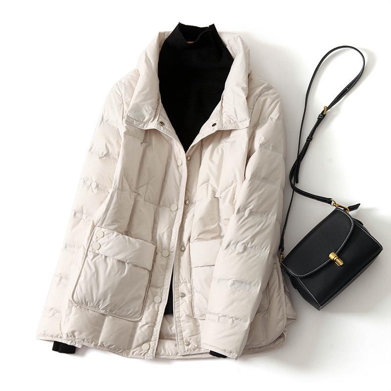 French elegant light down jacket short stand-up collar solid color warm top temperament jacket women's autumn and winter