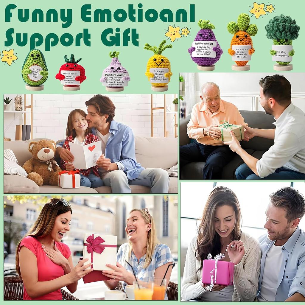 7PCS Handmade Positive Emotional Support Crochet Dolls, Adorable Knitted Dolls of Vegetables and Fruits with Positive Card, Mental Health Boosting