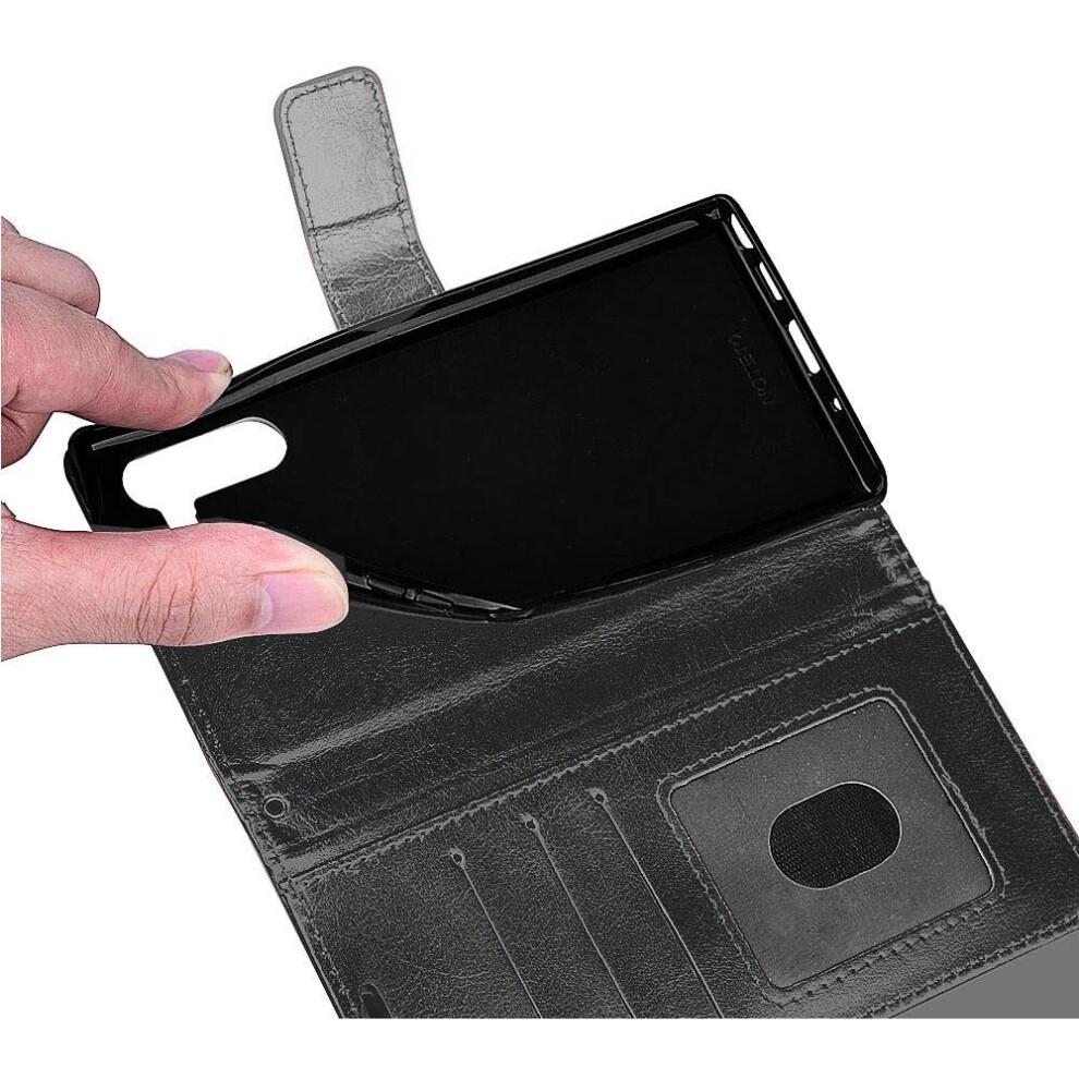 Galaxy Note 10 Leather Wallet Case, Flip Protective Case Cover with Card Slots, Kickstand and Wrist Strap - Black PU