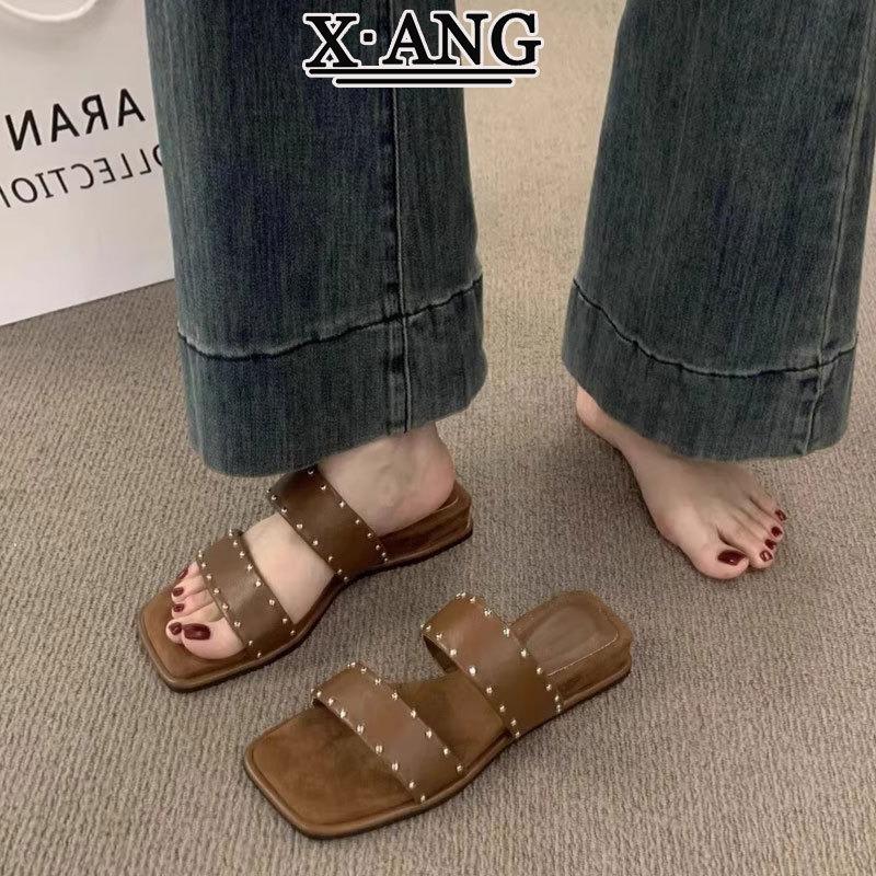Leather square head small slope heel slippers women's summer wear new with skirt sandals beach vacation cool slippers
