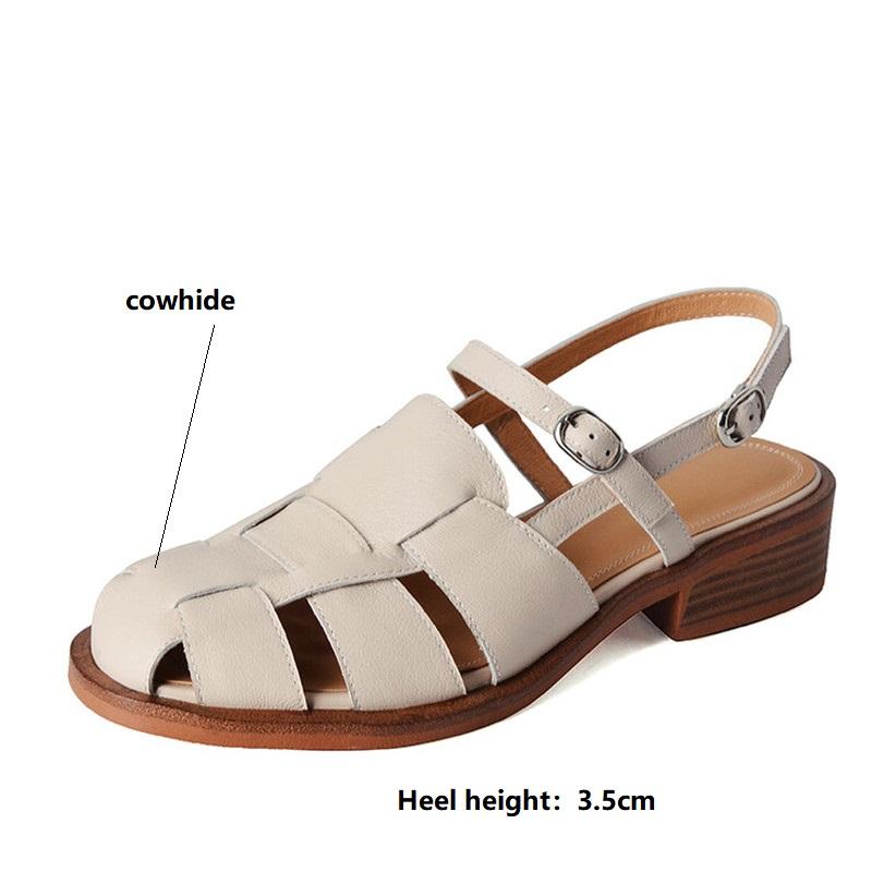 Fashion 2025 Summer Sandals Cowhide Round Toe Women Sandals Chunky Heel Women Shoes Cover Toe Shoes for Women Hollow Out Roman Shoes