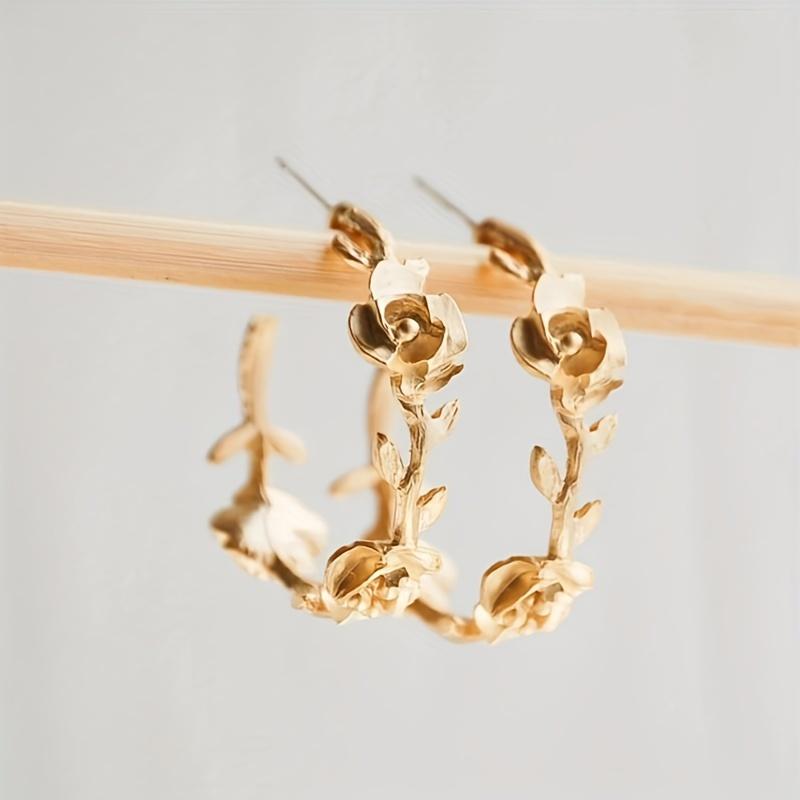 

Exquisite Rose Vine Design Hoop Earrings Retro Bohemian Style Zinc Alloy 14K Gold Plated Jewelry Delicate Female Gift