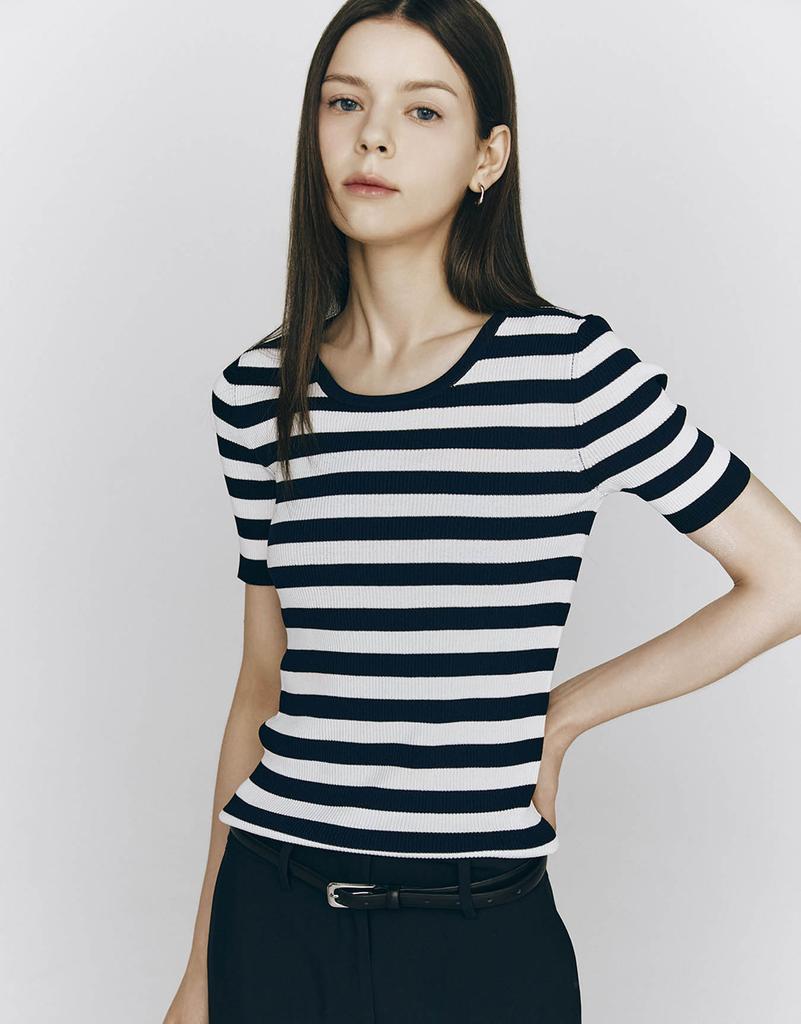 GIORDANO U-Neck Striped Short Sleeve Knit (12Gg) 355534 [3Color]
