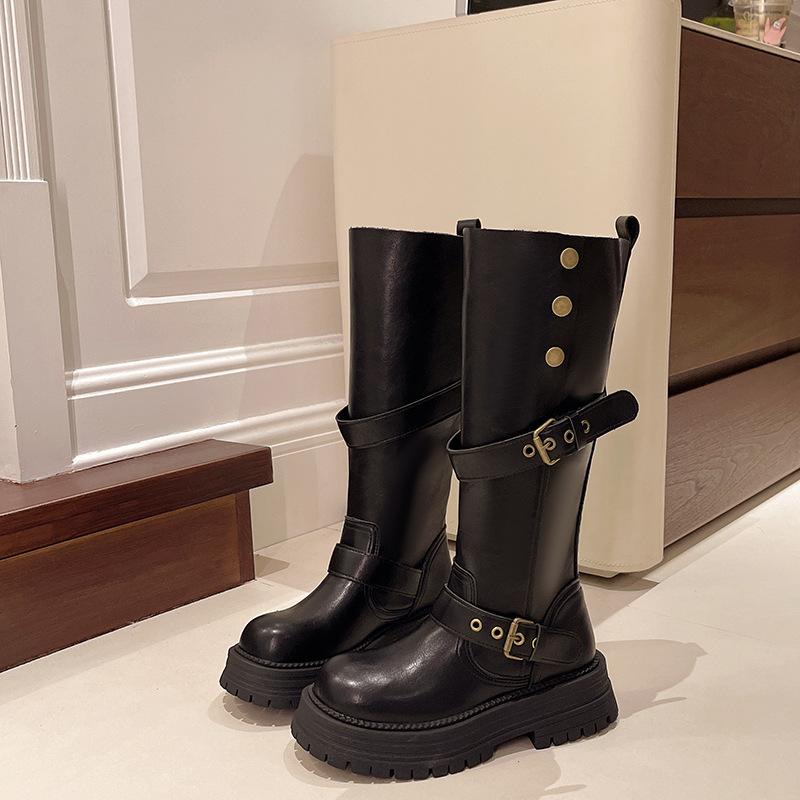 

Черные ретро ботинки на толстом каблуке и платформе в британском стиле женские 2025 осень и зима новые ботинки высокие и стройнящие ботфорты 40 чёрный