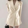 Women's Khaki Slim-Waist Suit Jacket - Korean & Hong Kong Style, Retro, Medium-Long for Spring & Autumn