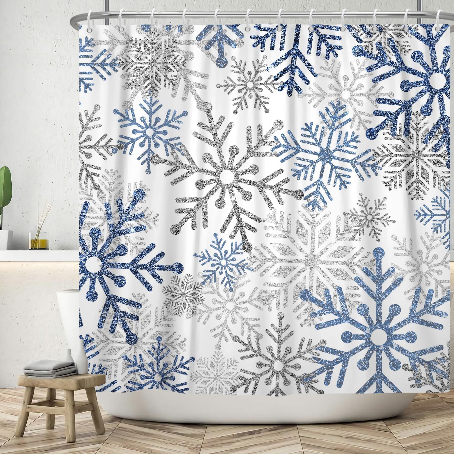 

Abstract Snowflake Shower Curtain Boho Blue And Grey Snowflakes Shower Curtains Winter Christmas Eve New Year Shower Curtain W60H190(CM)-1 Pcs
