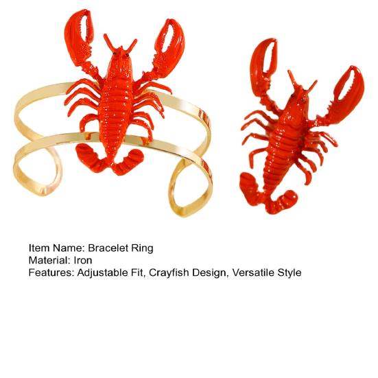 2Pcs Women Bracelet Ring 3D Simulated Crayfish Decor Bracelet Opening Adjustable Finger Band Jewelry Gift