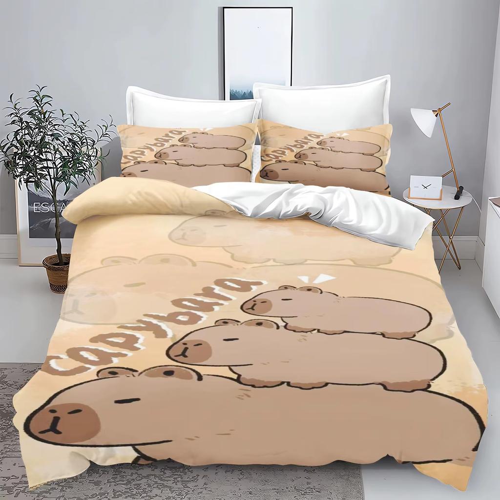 Cartoon Capybara 3D Printed Bedding Set Children's Duvet Cover Pillow Case Set Anime 100_ Polyester Cute Cartoon Home Decoration