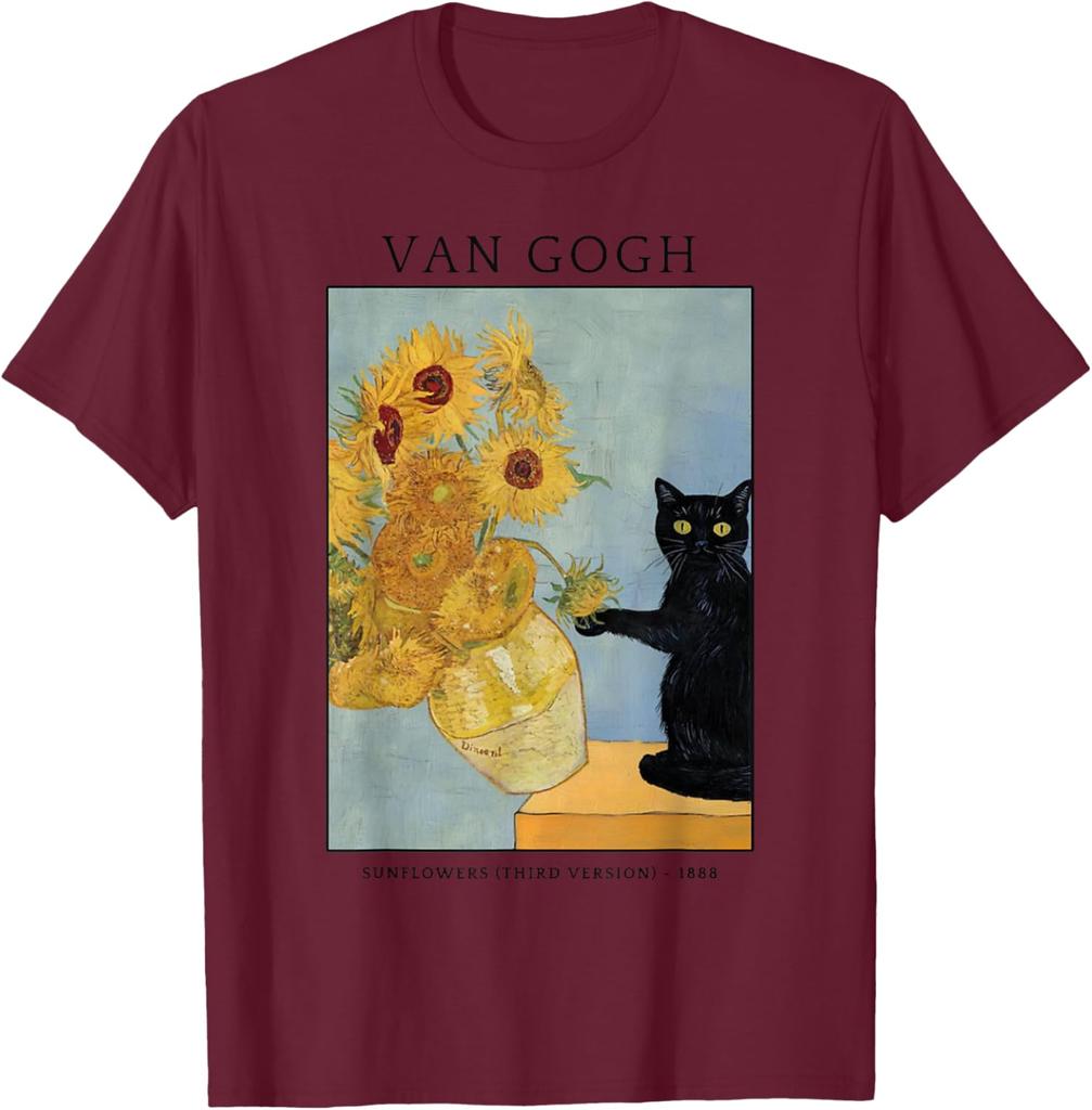 Černá kočka Van Gogh Slunečnice Umělecká parodie Grafické tričko Měkká bavlna Ležérní tričko s kulatým výstřihem