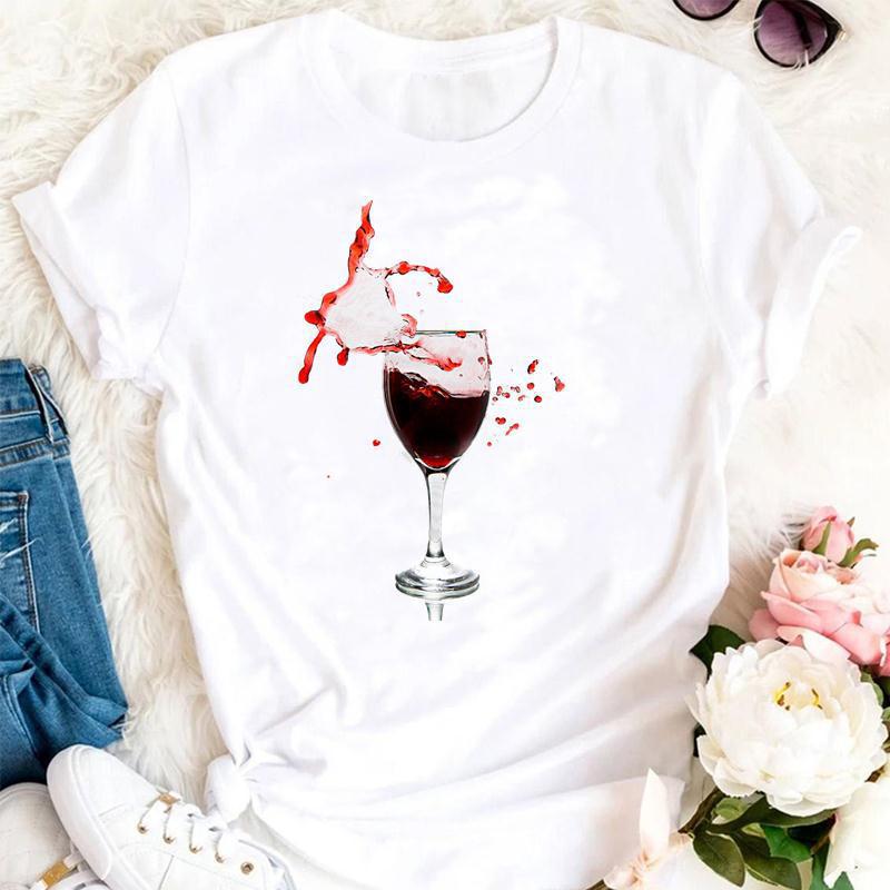 Womens Fashion Wine Glass Print Trendy Womens Base Layer Halfsleeved Womens Wear Shortsleeved Women Tshirt for Summer