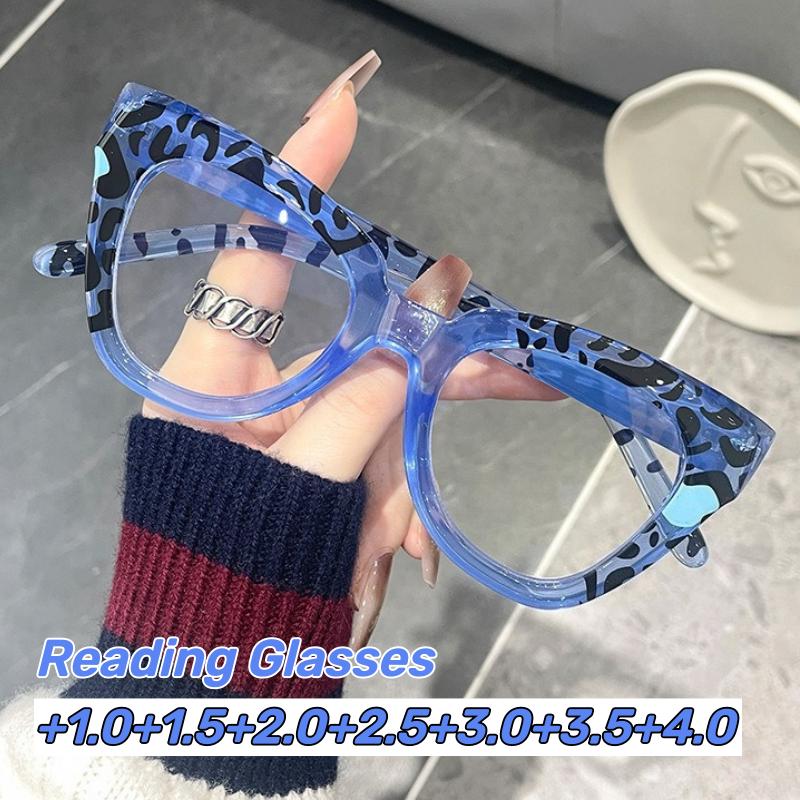 Fashion Oversized Reading Glasses Color Blocked Leopard Print Cat Eye Presbyopia Blue Light Blocking Unisex