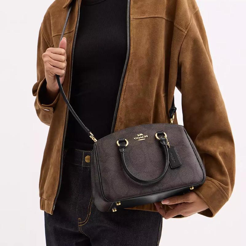 Coach Savannah 28 Verstelbare Afneembare Schouderband Klassiek Logo Print Gecoat Canvas Tote Bag Grote Dames Tote Bags Walnoot Zwart CAL53-IMXAQ