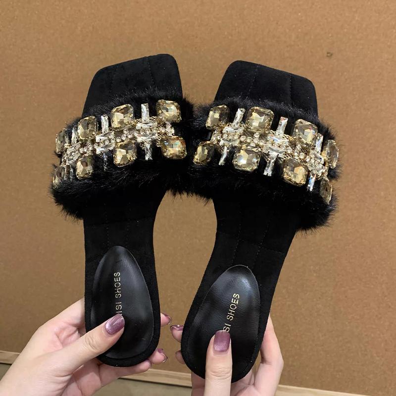Crystal Women Slippers Flats Fur Designer Shoes Autumn Elegant Dress Woman Shoes 2025 New Luxury Zapatillas De Mujer