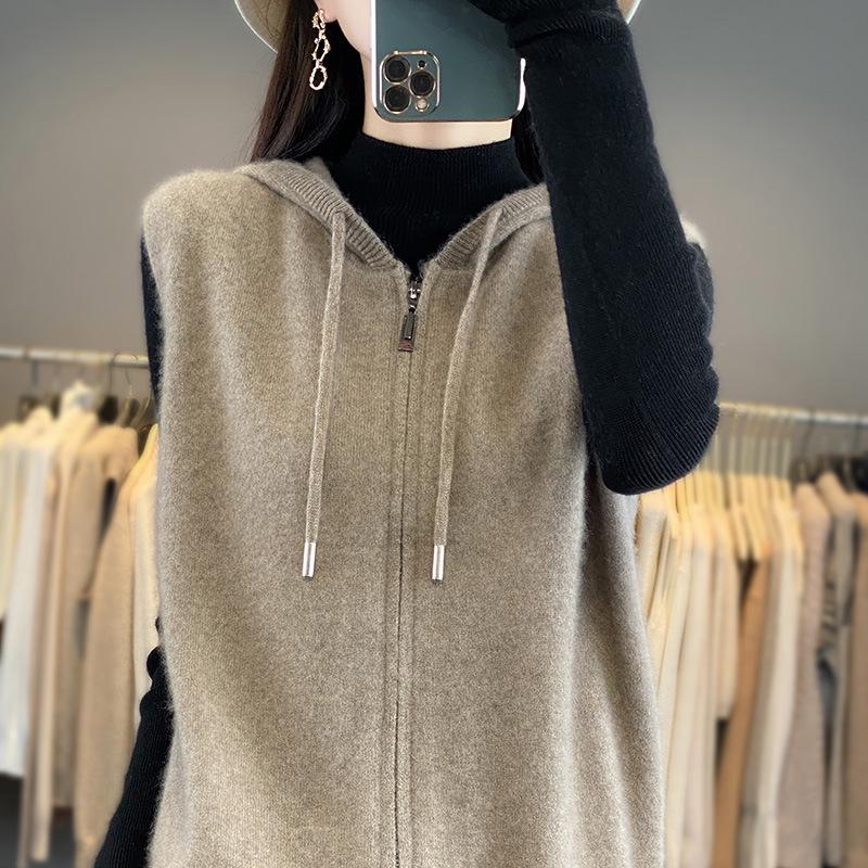 2025 A/W Hooded Wool Knit Vest - Zippered Sleeveless Sweater Coat
