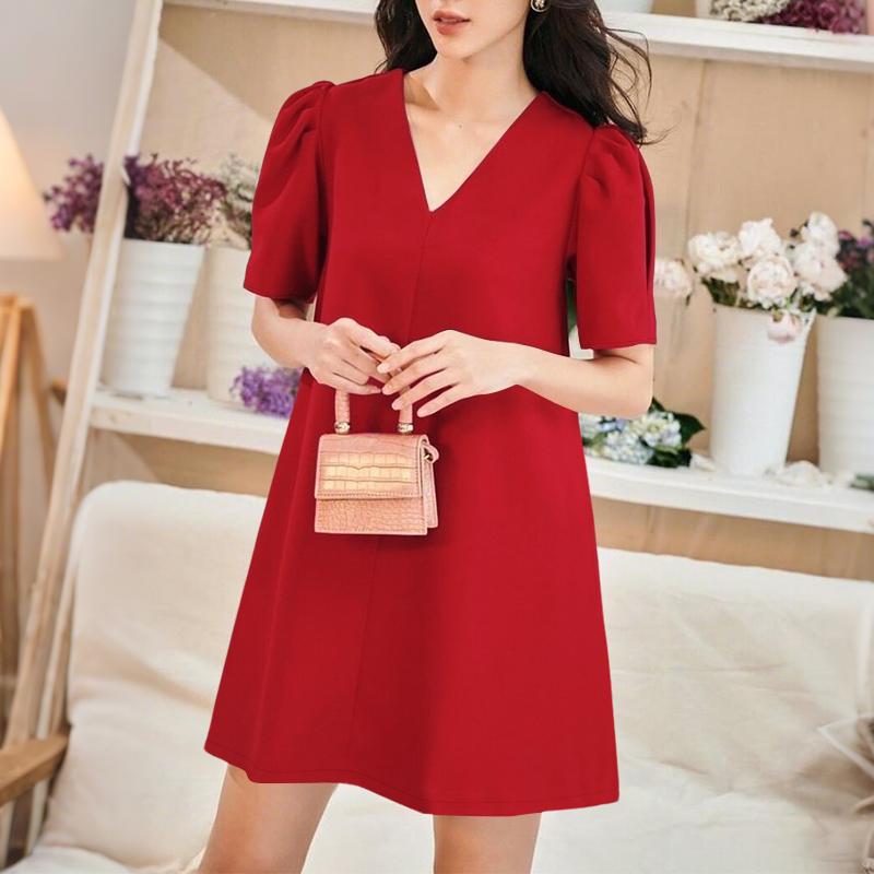 

ZANZEA Женское повседневное платье с V-образным вырезом, однотонное, летнее, с коротким рукавом 5XL красный