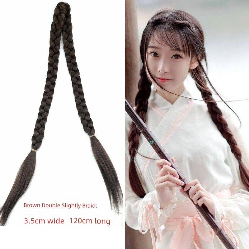 Ancient Costume Wig Double-Headed Twist Braid Republic of China Student Big Braid Chinese Bride Xiuhe Style Coiled Hair Wig Long Braid