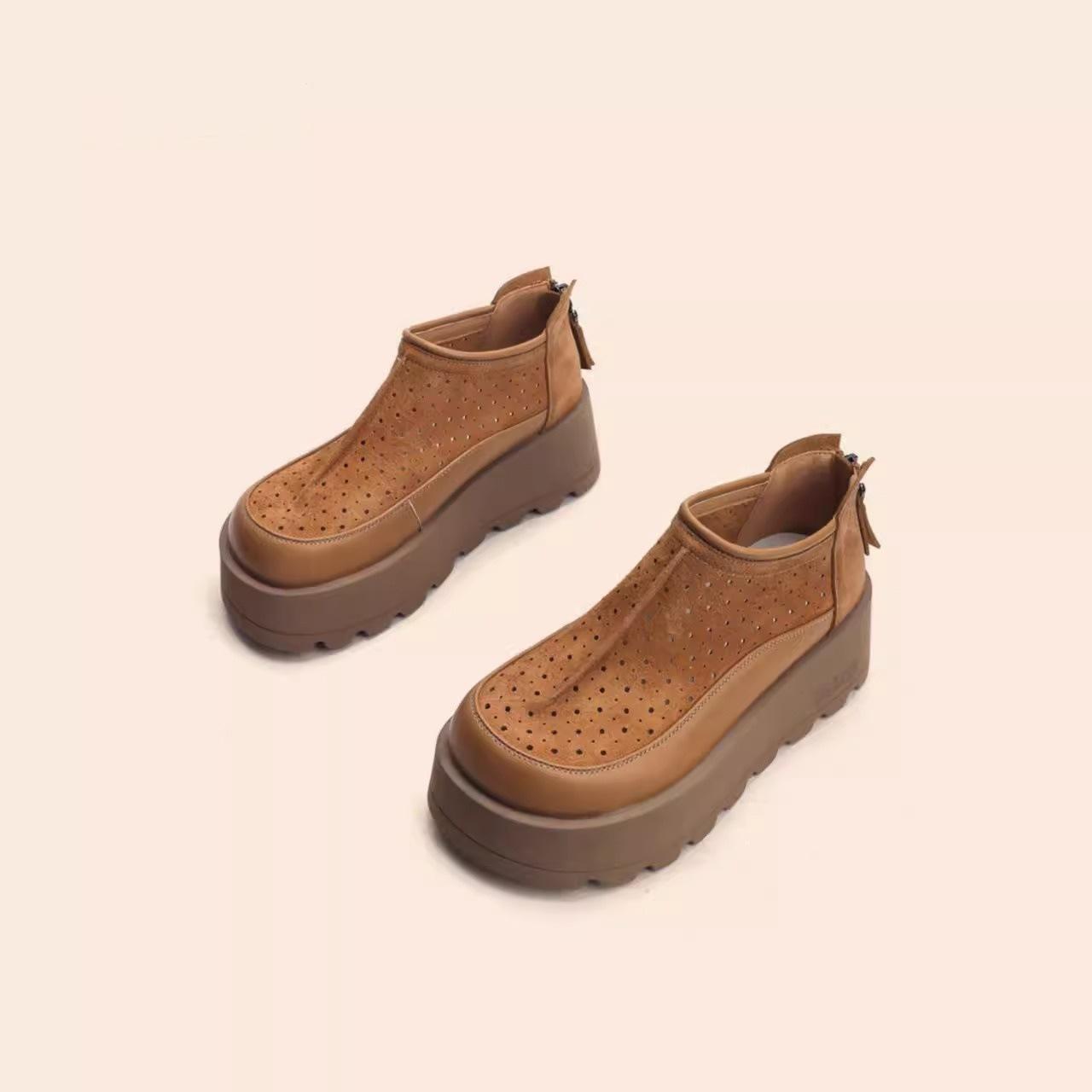 

Guyun Shu Thick sole height increase 2025 spring and summer breathable leisure hole hollow shoes rear zipper versatile Boken women 40 коричневий