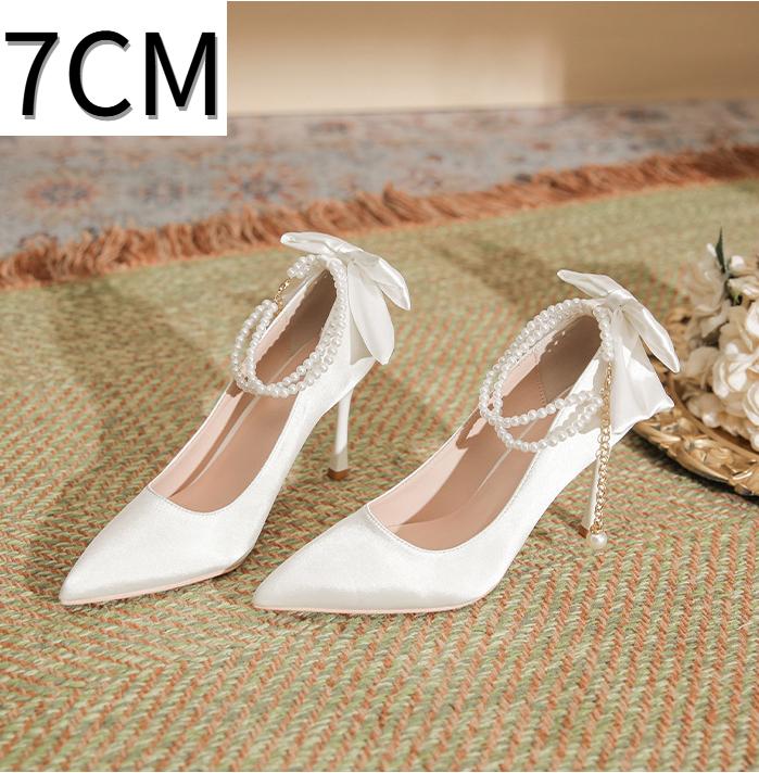 Fashion High Heels for Women Thin Heel Pointed Toe Straight Pearl Buckle with Bow Silk Fabricplus Size Women's Shoes Pumps White Heels
