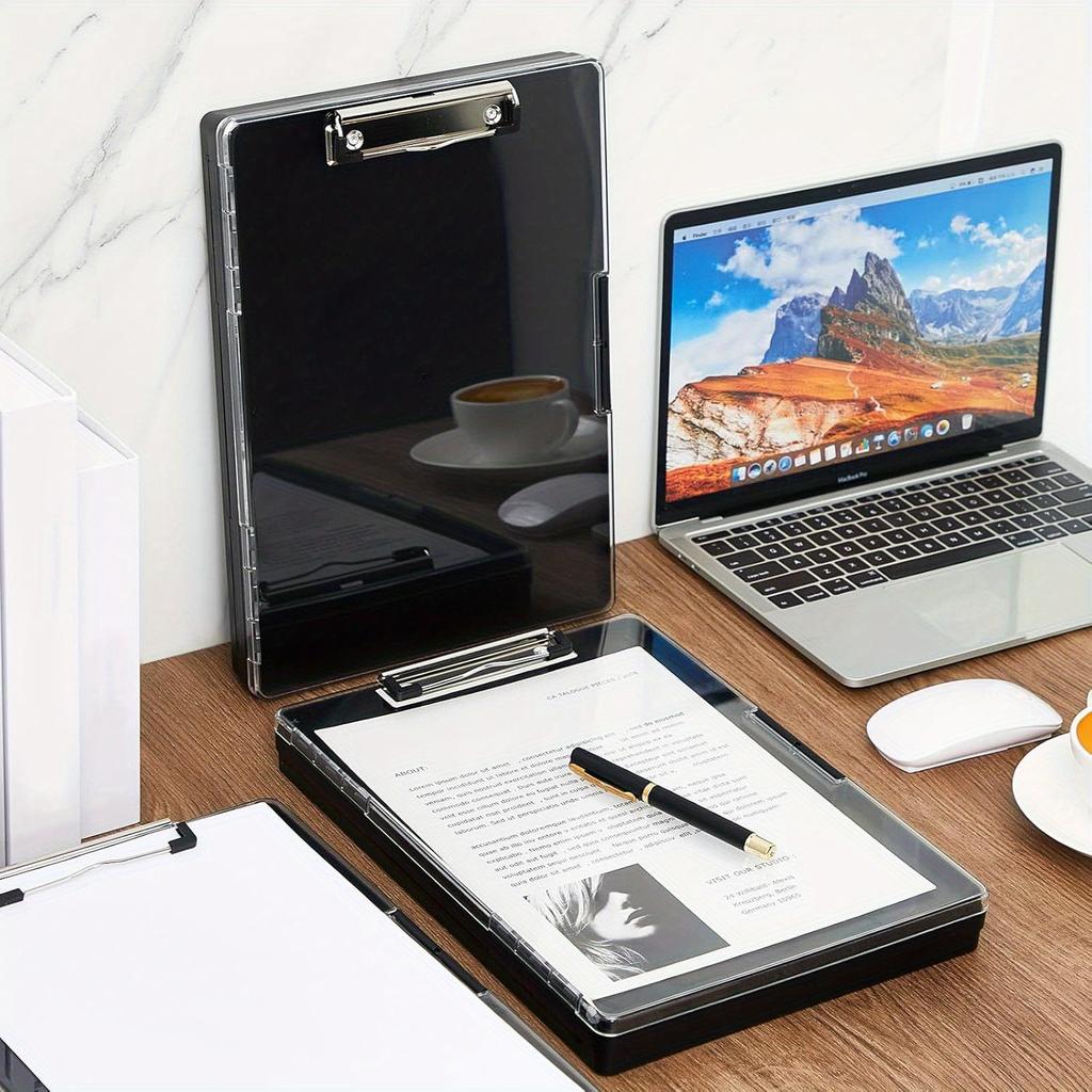 1 Pc Black, Clipboard with Storage, with 2 Storage Boxes, Heavy Duty Clear Visible Top Panel To Store Clipboard, Side Opening