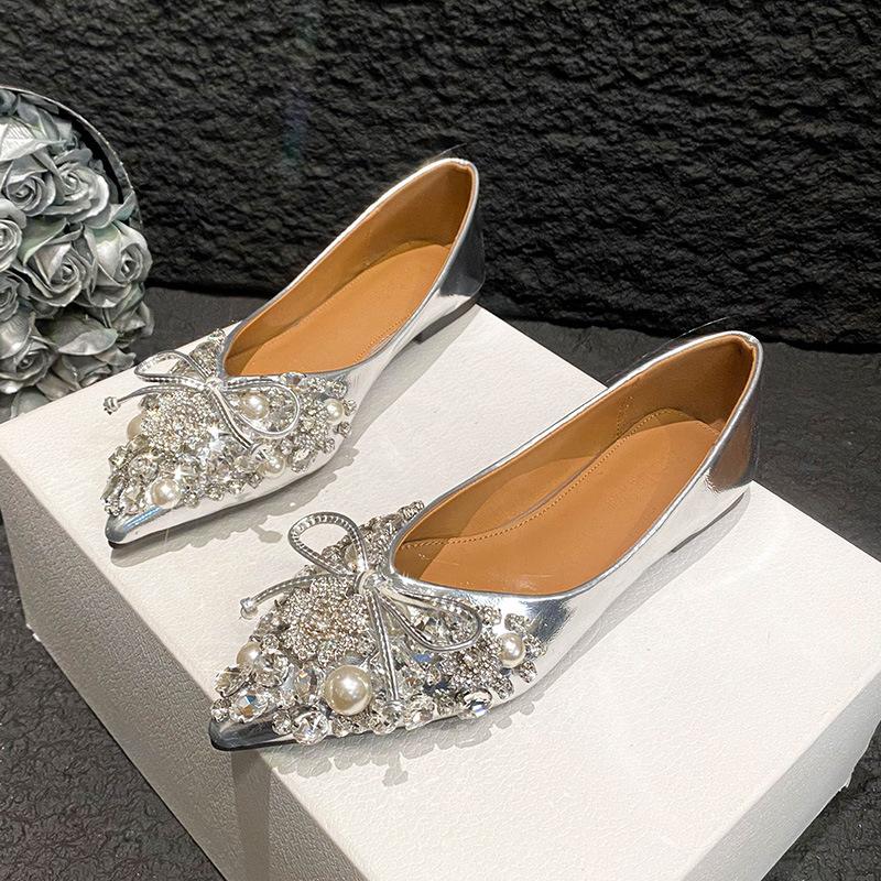 Fashion Flat Shoes for Women 2025 Spring Autumn Sequins Shallow Bling Pointed Toe Bow luxury Large Size Women's Shoes 41 42 43
