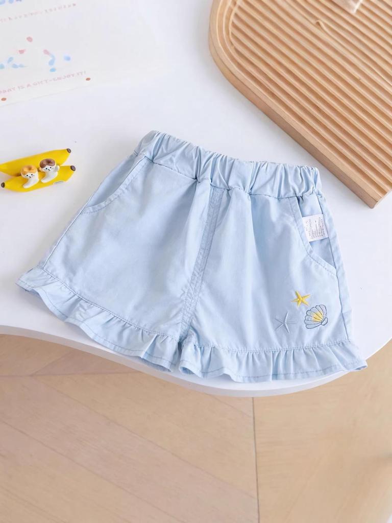 Girls' Summer Starfish Shell Two-Piece Set - Cute Cartoon Short Sleeve and Shorts