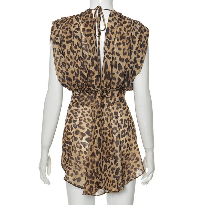 Leopard Print Silk Dress Women Sexy Deep -Neck Backless Beach Dresses Summer Sleeveless Chiffon Holiday Party Dress