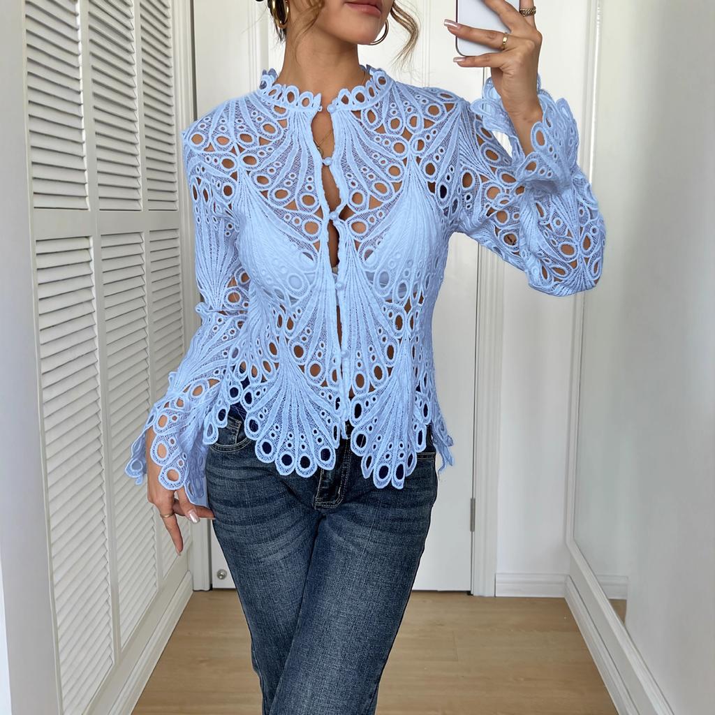 Women’s Sexy Ruffle Long Sleeve Summer Lace Tops 2026 Puff Flare Shirt V Neck Hollow Out Button Down Tunic Blouses