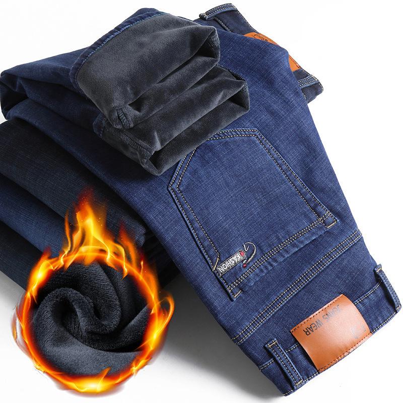 Men's Straight-Leg Stretch Denim Trousers with Fleece Lining for Autumn/Winter Thickened for Winter Warmth Middle-Aged Casual Black Men's Trousers