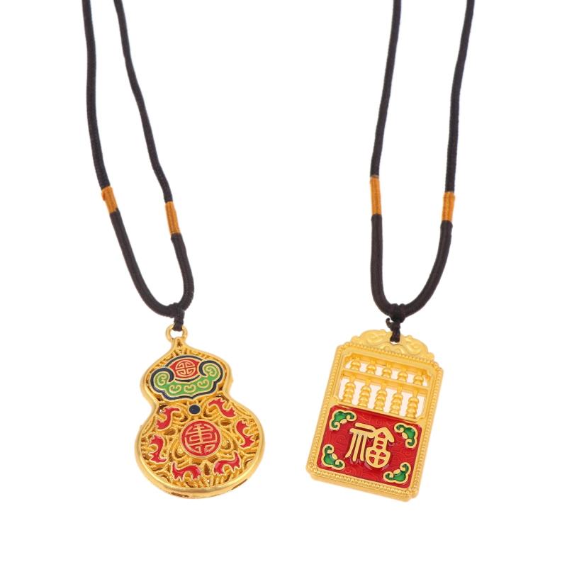 Premium Sand Gold Flower Wire Hollow Lucky Charm Bag Gourd Necklace Wealth Attracting Peace Lock Longevity Lock