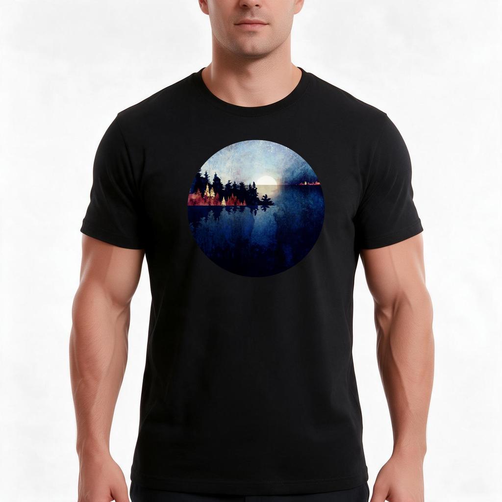 Autumn Moon Reflection Tshirt Summer Casual Cotton Tee Oversized Streetwear Tops Vintage Graphic Print Unisex Unisex Unisex