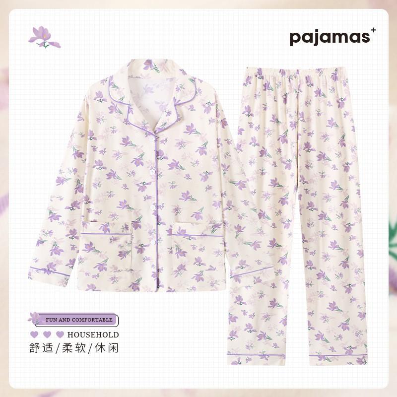 Womens Long Sleeve Pajama Set Faux Cotton Loungewear Ladies Thin Breathable Sleepwear Casual Home Wear