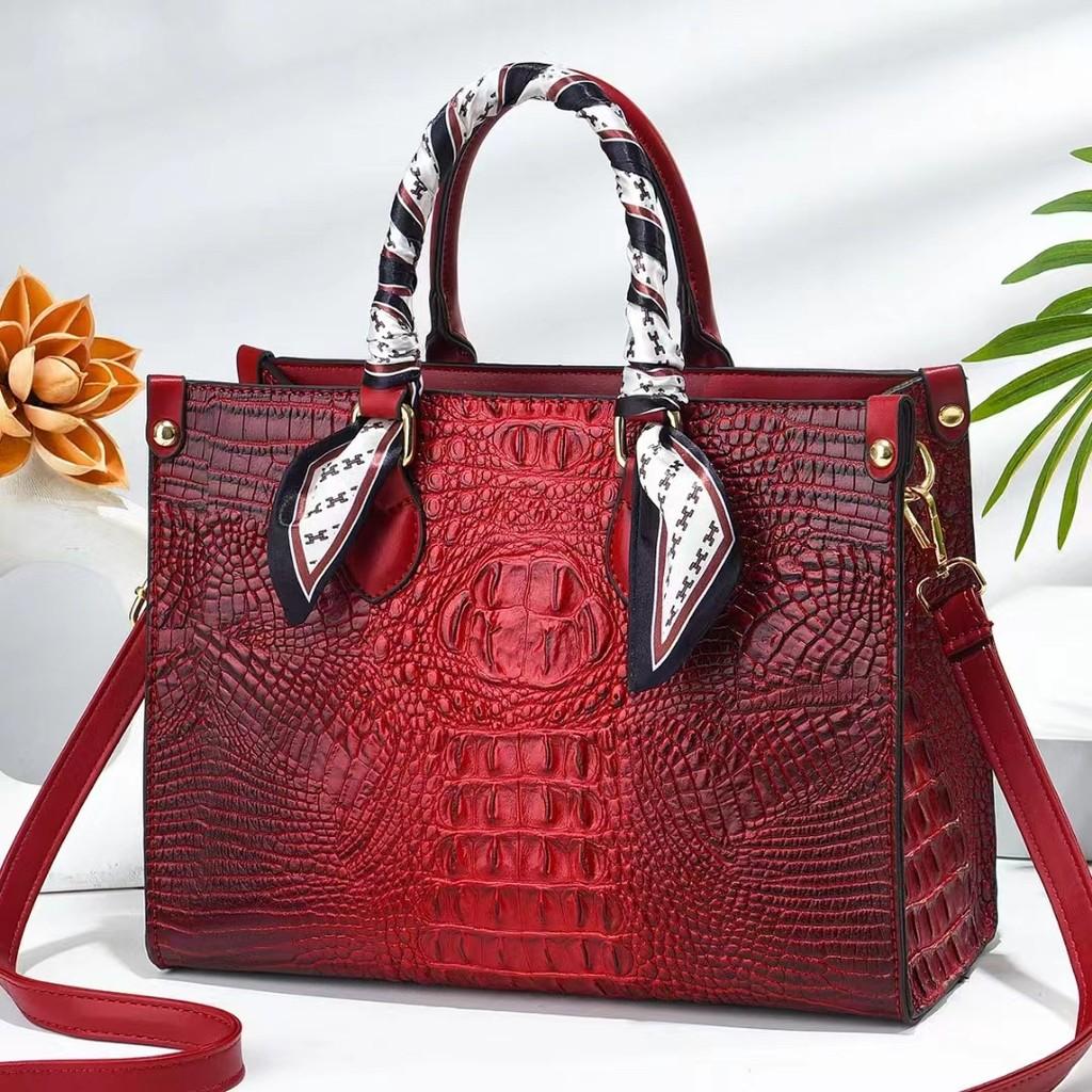 Womens Handheld Crossbody Bag With Crocodile Embossed And Silk Scarf Decoration