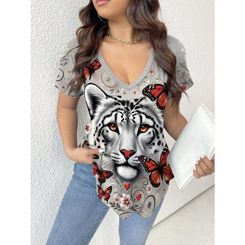 V-neck Casual Animal Print Fashionable Short-sleeved T-shirt for Women