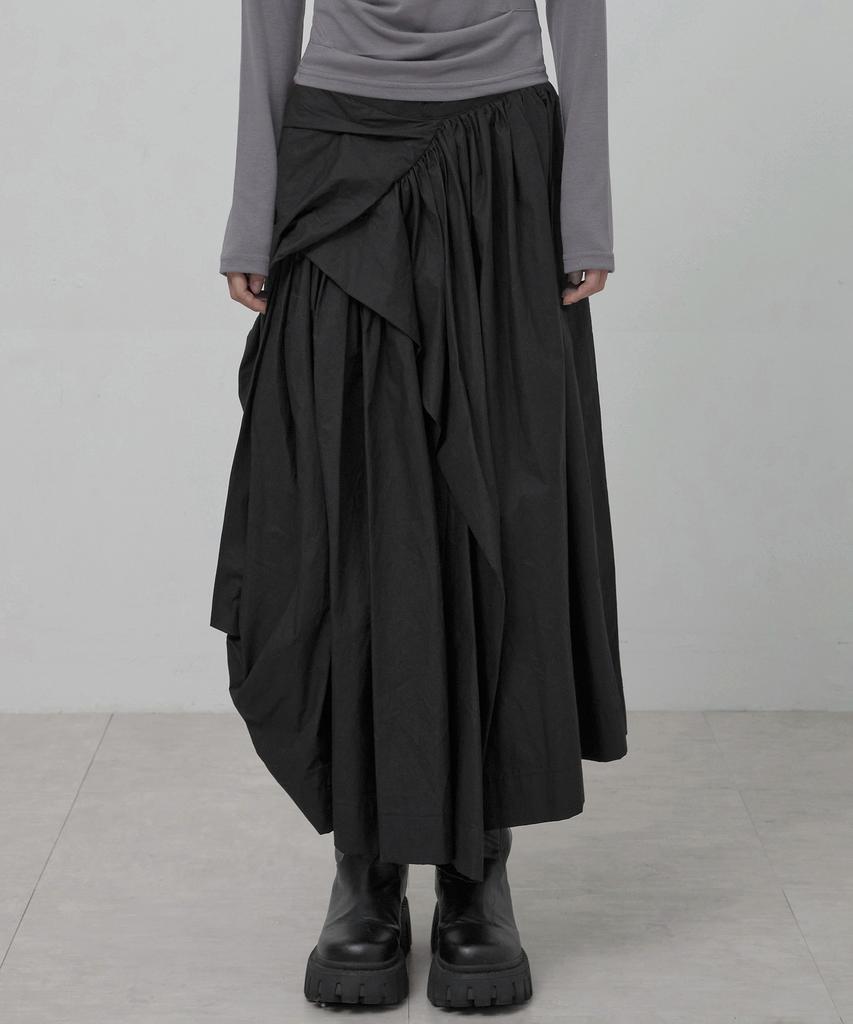 Peulleeoeob Asymmetrical Draped Layered Long Skirt (Fl-256_Black)