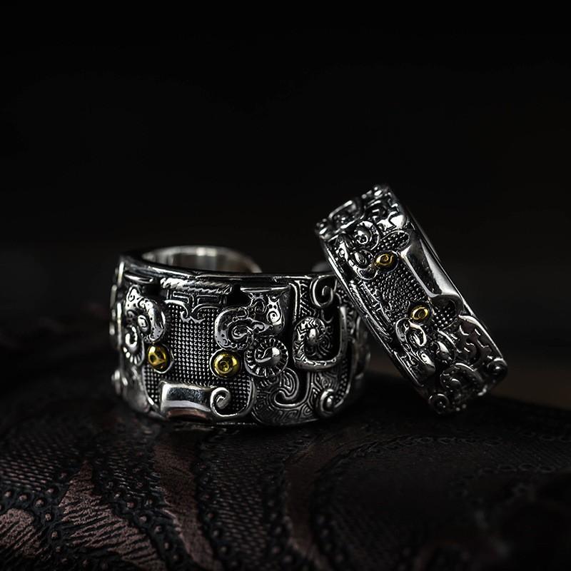 Verstellbarer Offener Ring Herren Damen Sterling Antiker Bestien-Motiv Vintage-Stil Geometrisches Statement