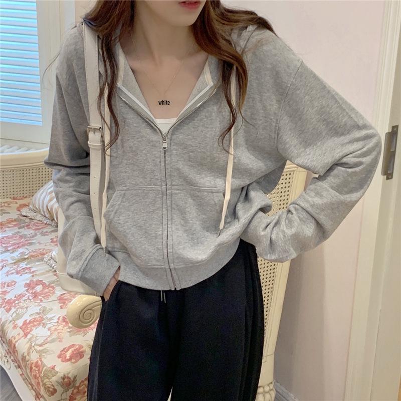 Chic Hong Kong Style Women's Zipper Hoodie - Spring/Autumn 2023, Thin & Short for Petite Frame, Versatile Cardigan
