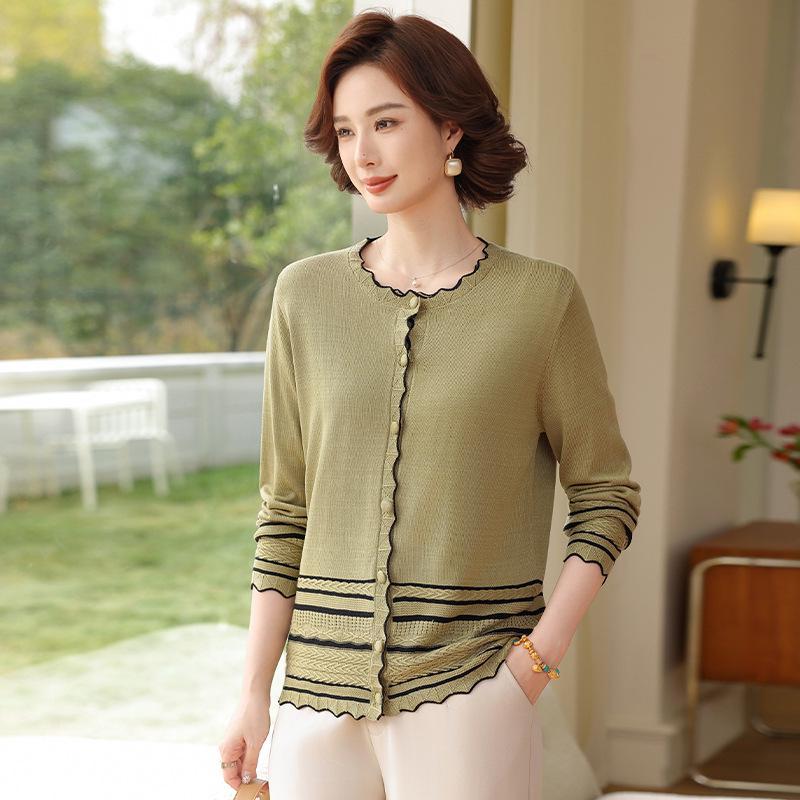 Spring Knit Two-Piece Set: Lightweight Cardigan and Short-Sleeved Top for Middle-Aged and Elderly Women