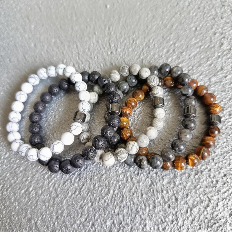 Tiger Eye, Volcanic & Map Stone Elastic Beaded Bracelet - Natural Stone Accessory