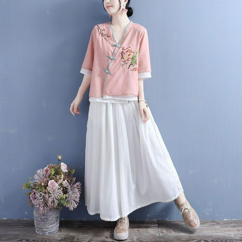 Three-quarter-sleeved Cotton and Linen Shirt Women's Literary Retro Embroidery Loose and Thin Cotton and Linen Color Matching Blouse Summer
